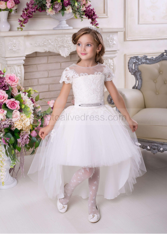 White Lace Tulle Cute Flower Girl Dress With Detachable Train
